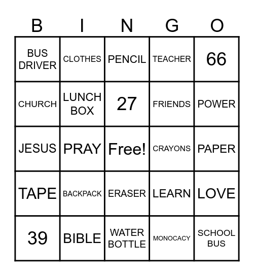 Back to School Bingo Card