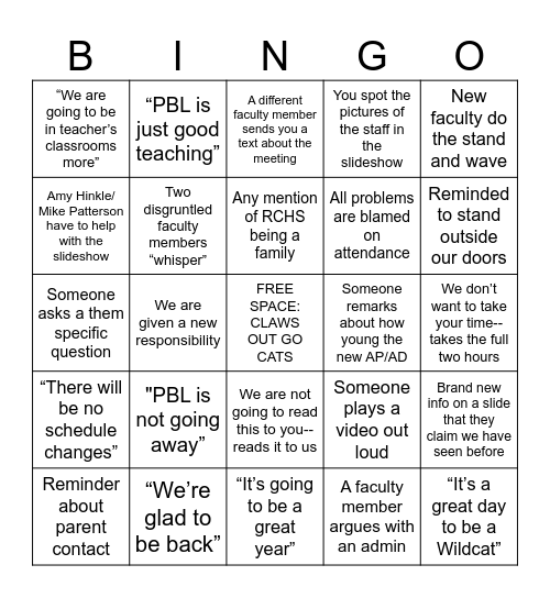 RCHS Bingo Card