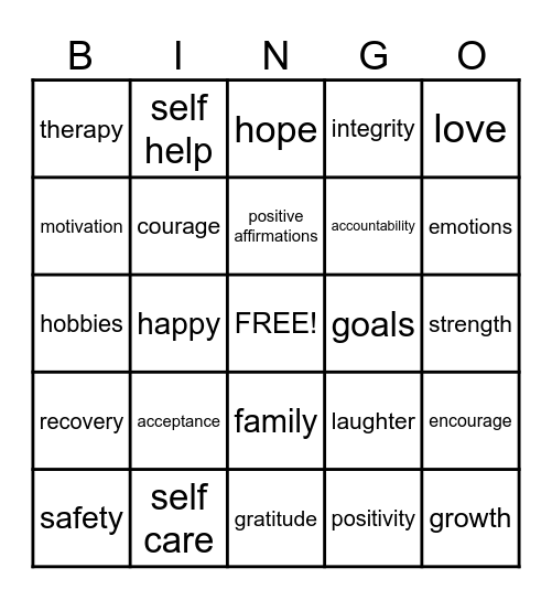 Mental Health Bingo Card