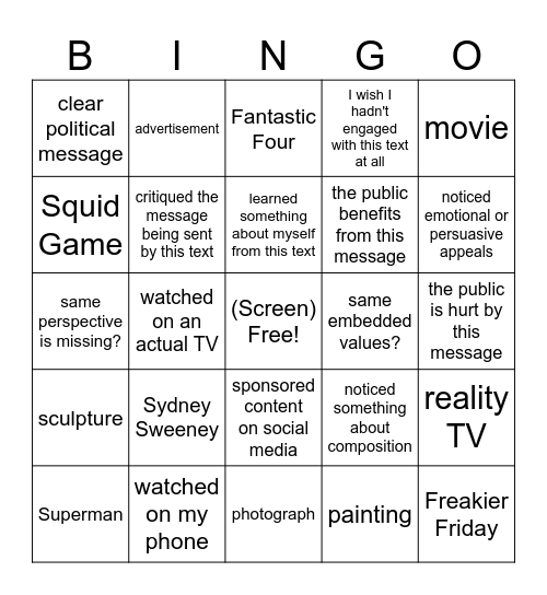 Media Matters - Summer Work Share Out Bingo Card