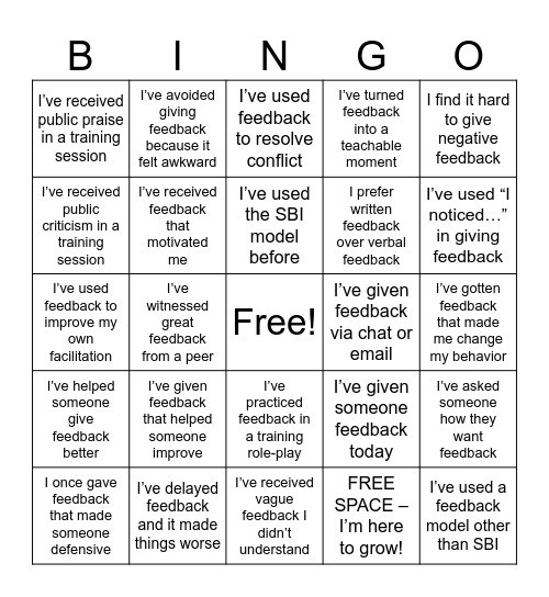 Feed Back Bingo Card
