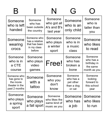 Willson's Class Bingo Card