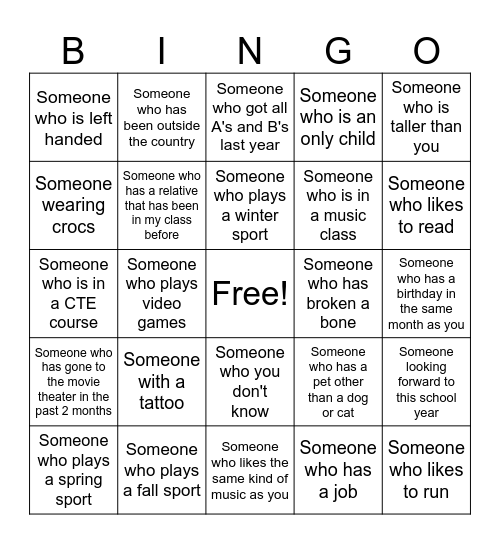 Willson's Class Bingo Card
