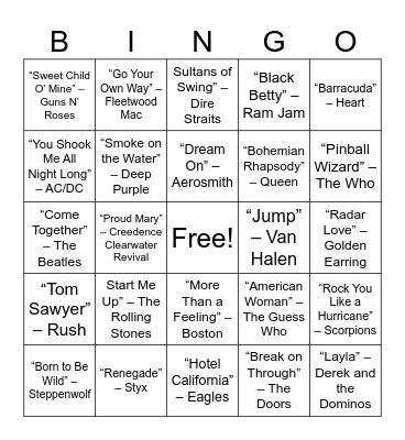 Throwback Rock Legends Bingo Card