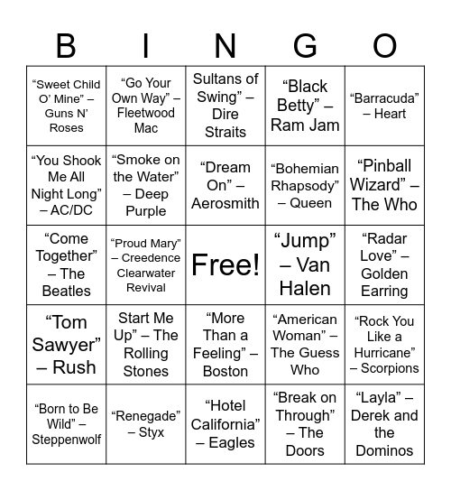 Throwback Rock Legends Bingo Card