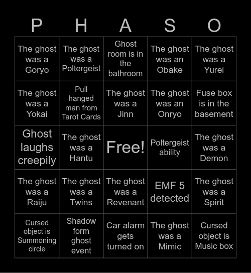 Phasmophobia bingo Card