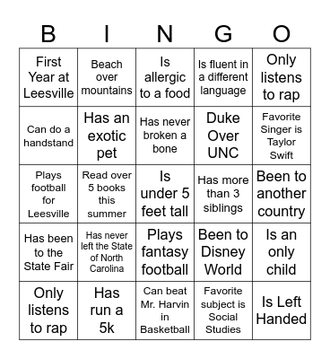 Back to School Bingo Card