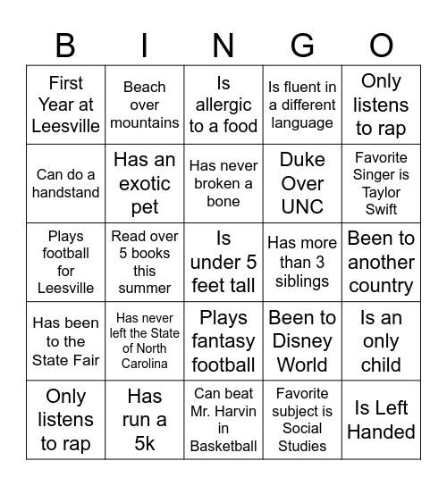 Back to School Bingo Card