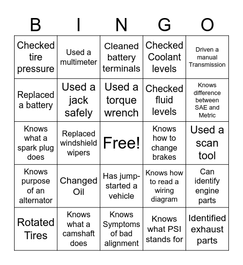 Automotive Bingo Card Bingo Card