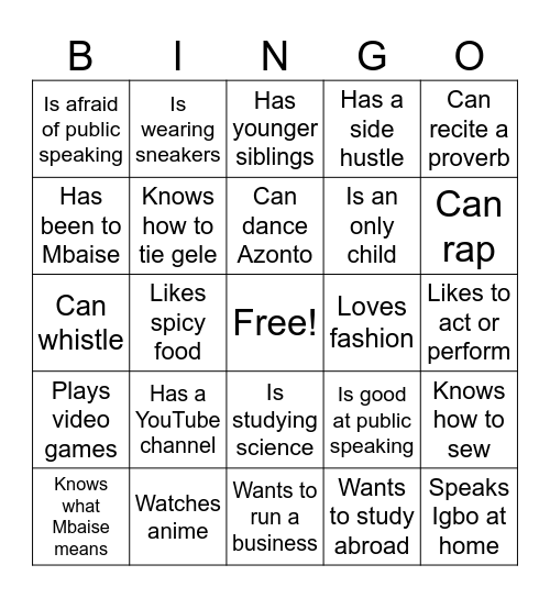 Mbaise Youth Bingo Card