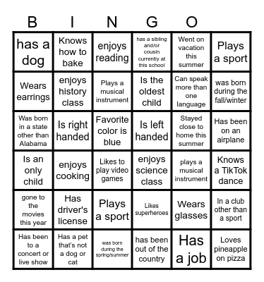 Schofield First Day of School Bingo Card