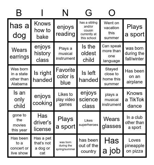 Schofield First Day of School Bingo Card