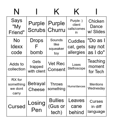 Nikki Bingo Card