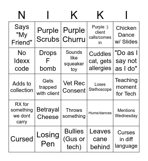 Nikki Bingo Card