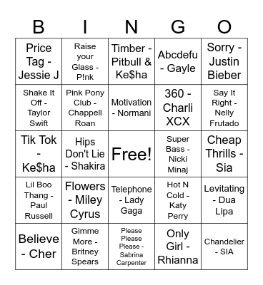 Shout Out Pop Bingo Card