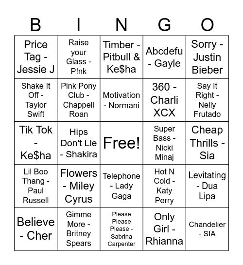 Shout Out Pop Bingo Card