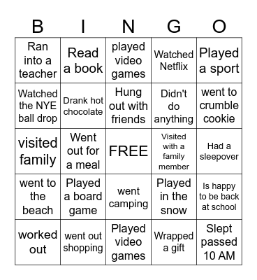 Back to School Bingo- Winter Break addition Bingo Card