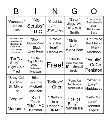 80s & 90s Dance Floor Favorites Bingo Card