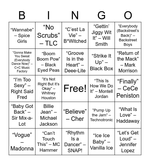 80s & 90s Dance Floor Favorites Bingo Card