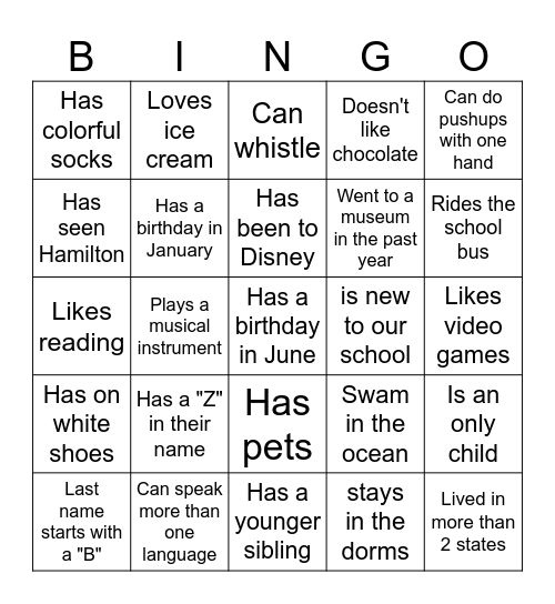 Middle School BINGO: Find someone who... Bingo Card