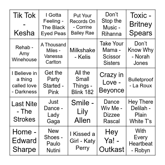 00s Music Bingo Card