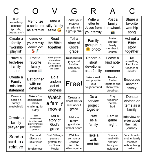 COVered by GRACe Bingo Card