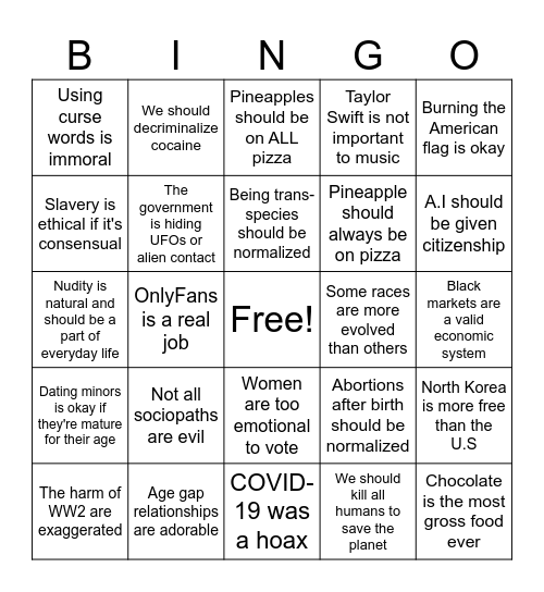 HUGELY Unpopular Opinions Bingo Card