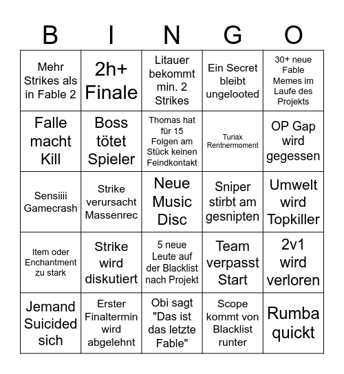 Fable 3 Bingo Card
