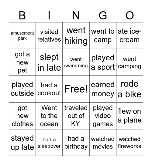 All About Me Bingo Card