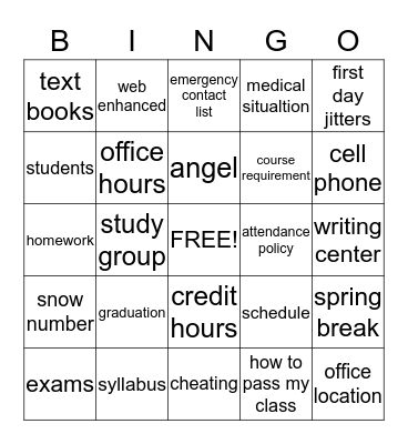 First Day Lecture Bingo Card