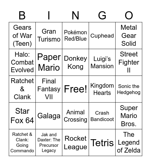 Video Game Bingo Card