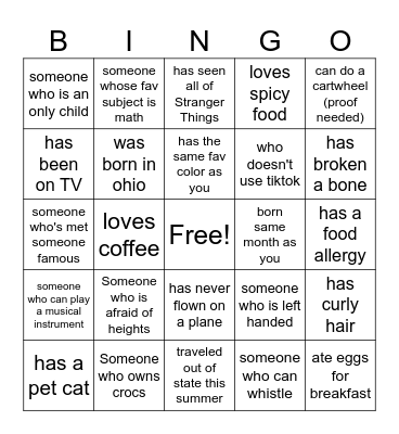 mingle bingo Card