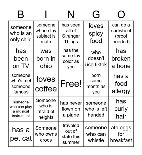 mingle bingo Card