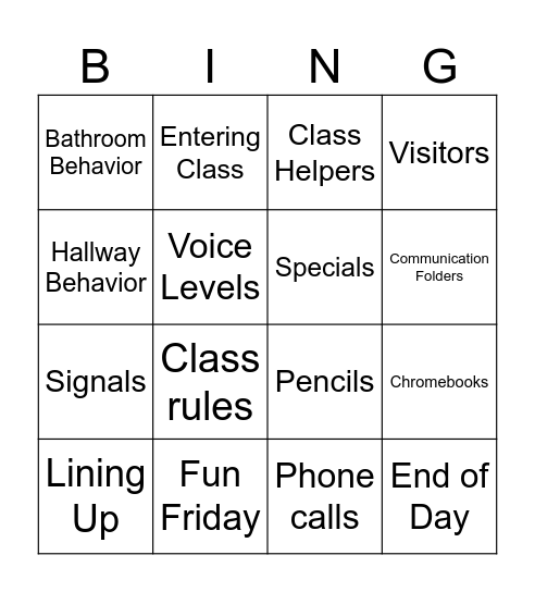 Classroom Bingo Card