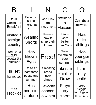 Welcome Back To School Bingo Card