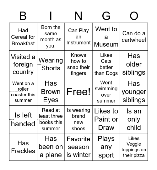 Welcome Back To School Bingo Card