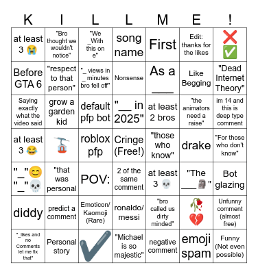 youtube shorts BINGO Card