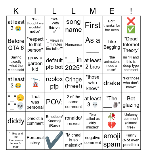 youtube shorts BINGO Card