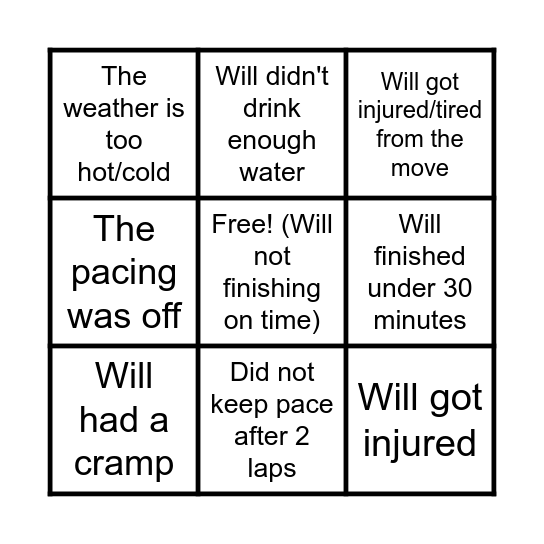 Will's 5 K Bingo Card
