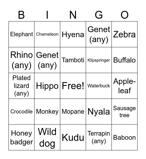 Kruger (non-birds) Bingo Card