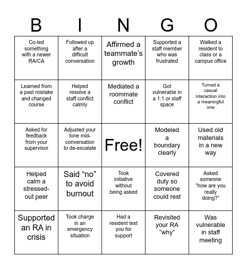 RA/CA RETURNER Bingo Card
