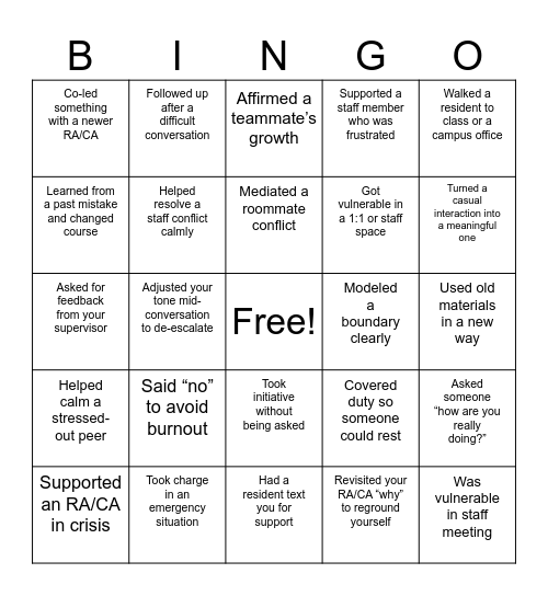 RA/CA RETURNER Bingo Card