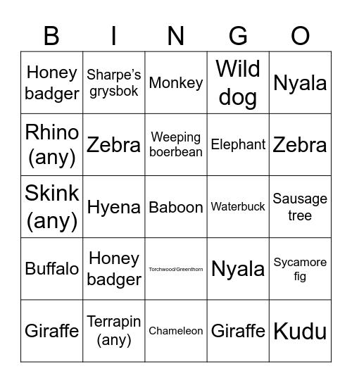 Kruger (non-birds) Bingo Card