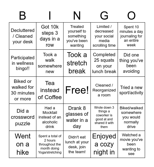 Wellness Bingo Part 2 Bingo Card