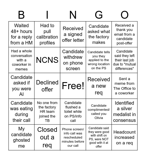A Week in TA Bingo Card