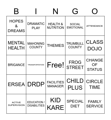 Head Start Bingo Card