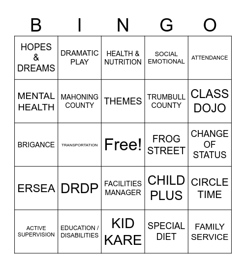 Head Start Bingo Card