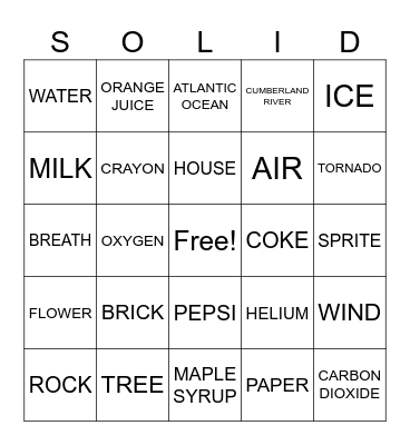 States of Matter Bingo Card