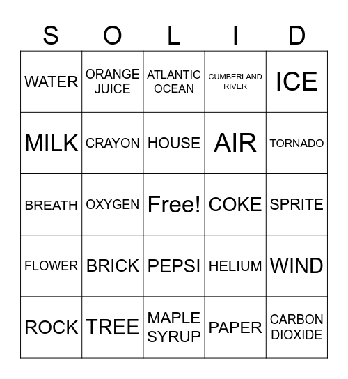 States of Matter Bingo Card