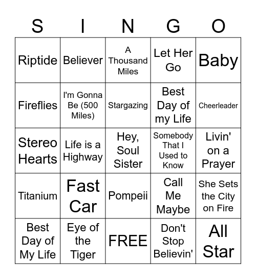 Road Trip Playlist Bingo Card